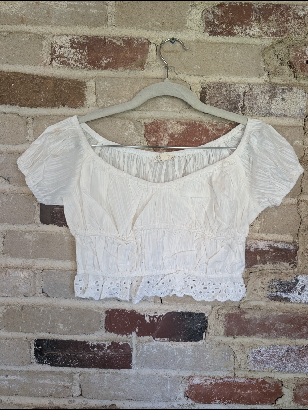 White Eyelet Trim Cotton Crop Blouse - Women's